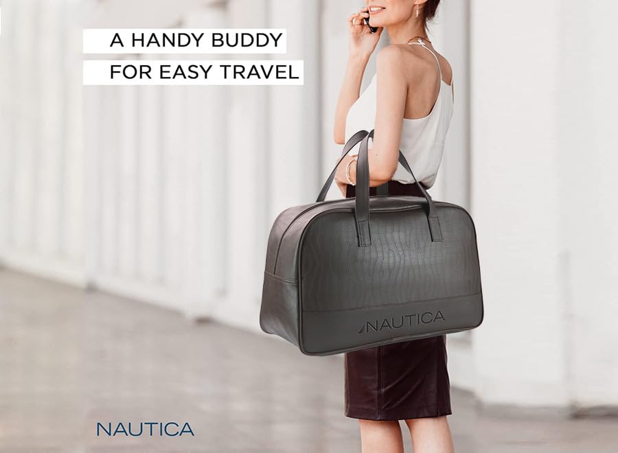 Image of Nautica Unisex 25L PU Duffle Bag for Travel | Stylish Leatherette Cabin Luggage with Smooth Zippers | Compact, Comfortable & Spacious for Weekend Trips, Gym & Everyday Use | Brown