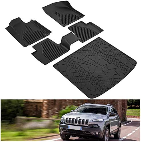KIWI MASTER Floor Mats & Cargo Liners Set Compatible for 2014-2023 Jeep Cherokee Accessories Slush Liners Black All Weather Protector (Not Grand Cherokee)
