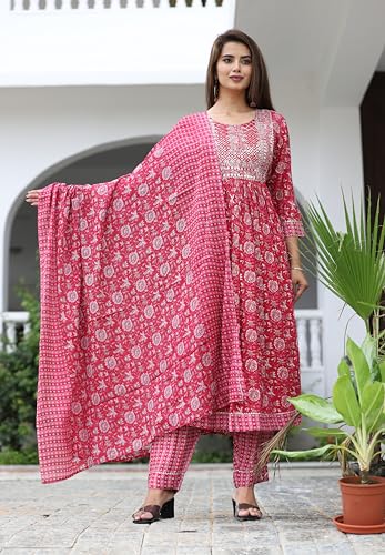 Image of Women's Stylish Rayon Nayra Cut Kurta Embroidered Work and Round Neck 3 /4 Sleeve with Pant Dupatta Set