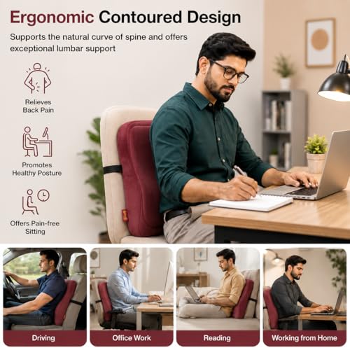 Image of Aasan Lumbar Support Pillow for Office Chair & Car Seat, Maroon | Ergonomic Back Support Cushion, Lower & Upper Back Pain Relief, Spine & Waist Support, For Long Sitting