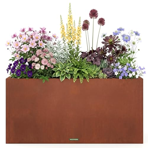 WIZWERK 32 Inch Corten Steel Planter Box for Outdoor Plants Large Rectangular Weathering Steel Planter with Drainage Holes Metal Planter Box for Patio Porch Balcony Backyard & Garden
