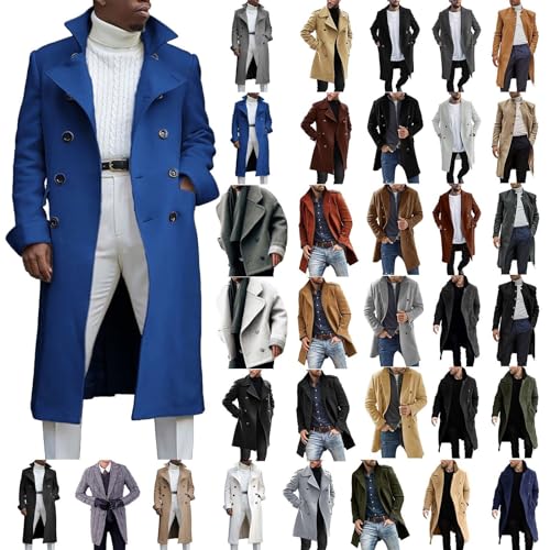 SAMST Mens Trench Coat Wool Blend Long Coat Double Breasted Pea Coat Casual Slim Fit Jacket Warm Winter Overcoat with Pocket