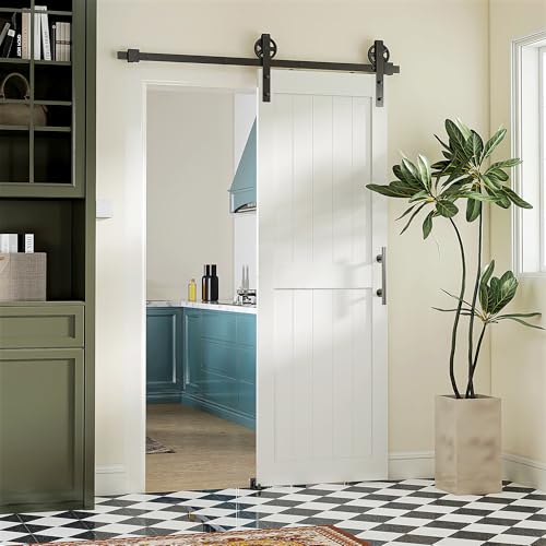 HOMCOM Puerta Corredera de Granero con Herrajes 71,5x213,4 cm Puerta Corredera de Interior con Manija Rodillo y Guía de Suelo Mejorados para Baño Salón Sala de Estar Blanco