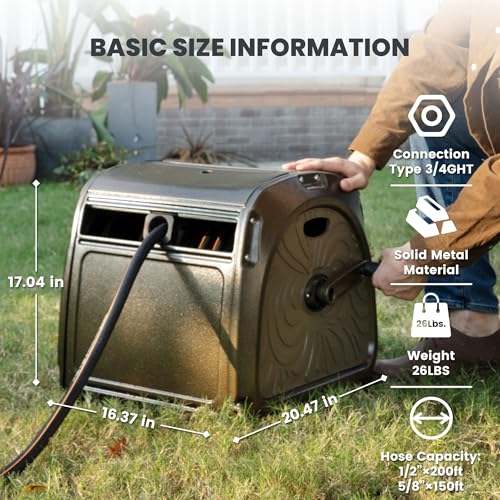 Giraffe Tools SW5 Metal Hose Reel Box, Heavy Duty Garden Hose Storage Reel Hideaway, Crank Handle, 150ft 5/8" Hose Capacity, Green