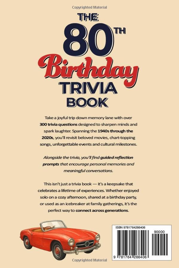 The 80th Birthday Trivia Book: 300 Fun Large-Print Trivia Questions and Journaling Prompts: A Perfect Gift for Seniors to Spark Laughter and Keep Minds Sharp