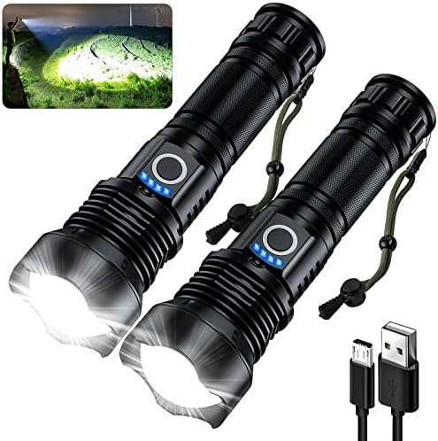 MILAOSHU Rechargeable Flashlights 200000 High Lumens, Waterproof LED Flashlight for Emergencies, High Powered Flashlight with 5 Modes(2 Pack)