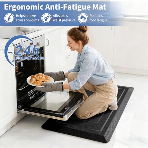 Image of UKISS 9 /10 inch inch Extra Thick Cushioned Anti Fatigue Kitchen Mat, Waterproof High Density Foam Standing Desk Mat, Non-Slip Ergonomic Comfort Mat for Kitchen, Office,Workstation (Black, 20 inch X 32 inch)