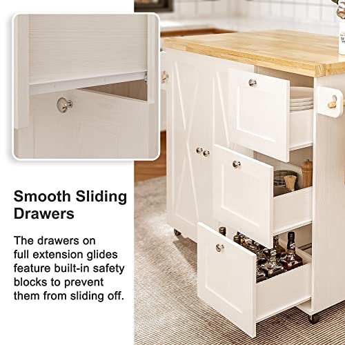Ironck Rolling Kitchen Island Cart With Drop-Leaf Countertop, Barn 3Drawers, Barn Door Style Cabine,Thicker Rubberwood Top, Spice Rack, On Wheels, For Kitchen And Dining Room, White #TOP4