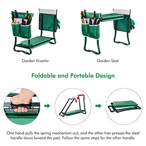 Garden Kneeler and Seat, Upgraded Folding Garden Bench Stool Portable Garden Kneeler Sturdy Gardening Tools with 2 Free Tool Pouch, Detachable Belt, EVA Kneeling Pad, Ideal Gardening Gift