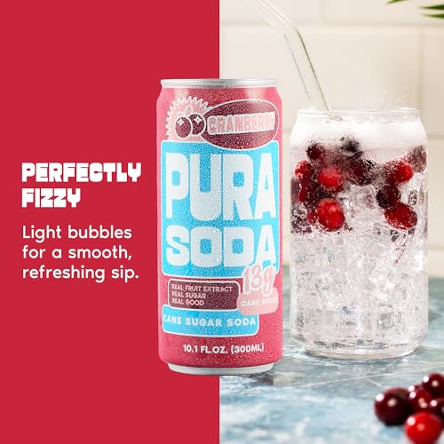 Image of PuraSoda Cranberry - 12g Pure Cane Sugar Soda, 10 Fl Oz, Pack of 24 | Real Fruit Extract, Non-Gmo Vegan, No Stevia Or Artificial Sweeteners, 13g Cane Sugar, 10 Fl Oz Cans