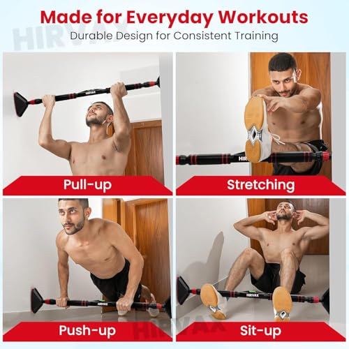 Image of Wall Mounted Pull Up Bar for Home Workout | No-Screw Installation | Anti-Skid Grip for Pull-Ups, Chin-Ups, Push-Ups, Sit-Ups, and Stretching Adjustable Upper Body and Core Workout Bar | Body Building Equipment to Increase Height & Strength (Pull up bar Multi color) (Black)