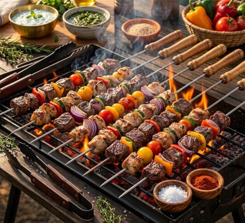 Image of Barbeque Skewers Sticks for BBQ Paneer Tikka Tandoori Chicken Seek Kabab12 pc Stainless Steel Sticks with Wooden Handle Barbecue Rods for Indoor Outdoor Parties