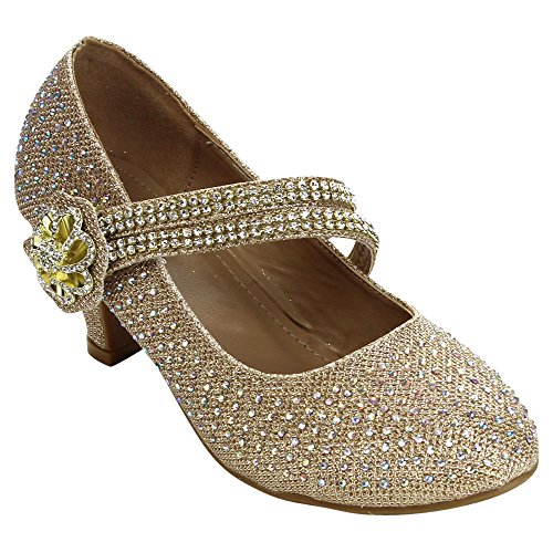 Link Justice-06 Children Girl Comfort Rhinestone Ankle Strap Kitten Heel Pumps