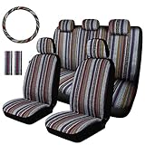 AKAUTO Baja Saddle Blanket Car Seat Covers Full Set with Seat Belt Pads and Steering Wheel Cover, Universal Colorful Striped Woven Interior Cover for Sedan, SUV, Truck, Airbag Compatible