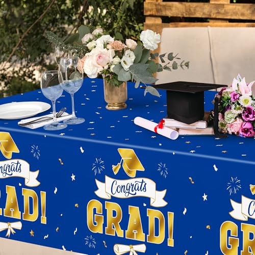 Image of 2Pack 2026 Graduation Decorations, 108 inch X 54 inch Graduation Tablecloth, Bluegold Disposable Table Cover for Grad Party Favors Supplies, Rectangle Plastic Tablecover for Class 2026 Congrats Grad for Kids