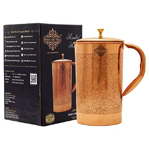 Indian Art Villa Full Embossed Design Copper Jug Pitcher with Brass knob, Storage & Drinkware, 67 Oz Cover