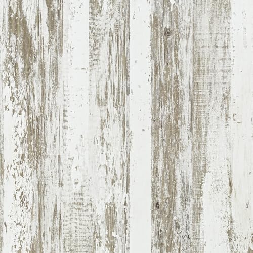 WENMER White and Brown Rustic Wood Grain Wallpaper, 17.3" x 118",...