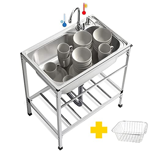 Lavello da cucina commerciale in acciaio inox 304, stazione di preparazione indipendente, 71 x 47 x 75 cm, con ripiano per rubinetto caldo e freddo e cestino di drenaggio, per ristoranti e catering