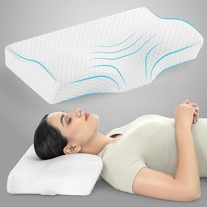 Image of Cervical Contour Memory Foam Pillow for Sleeping,Orthopedic Pillow for Neck Pain, Support for Back,Stomach,Side Sleepers,Zip Cover (19 X 12 X 4INCH) Curve White