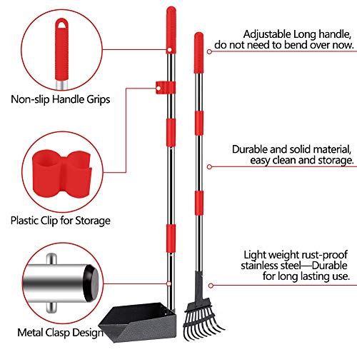 Qimh Upgraded Dog Pooper Scooper Extra Large, Adjustable Long Handle Stainless Metal Pet Poop Tray And Rake Set For Large Medium Small Dogs, Dog Waste Removal Bin Rake, Great For Grass, Street, Gravel #TOP2