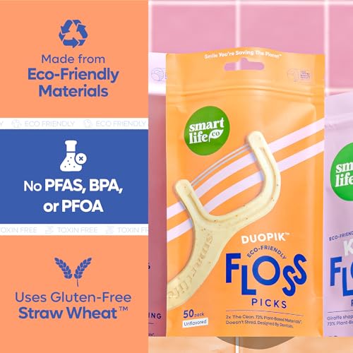 Image of SmartLifeco Eco-Friendly Dual-Thread Dental Floss Picks (100ct) - Flossers Made with Straw Wheat Blend, Superior Anti-Shred for Tight Gaps, Tooth Pick Stick for Adults, Soft on Gum & Teeth, Unflavored