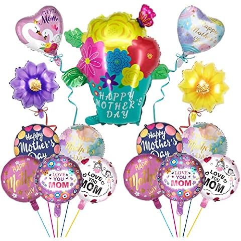 Happy Mothers Day Decorations, 15 Pcs Mothers Day Balloons, Love You Mom Mothers Day Aluminum Foil Floral Balloons for Mothers Day Decorations Cover