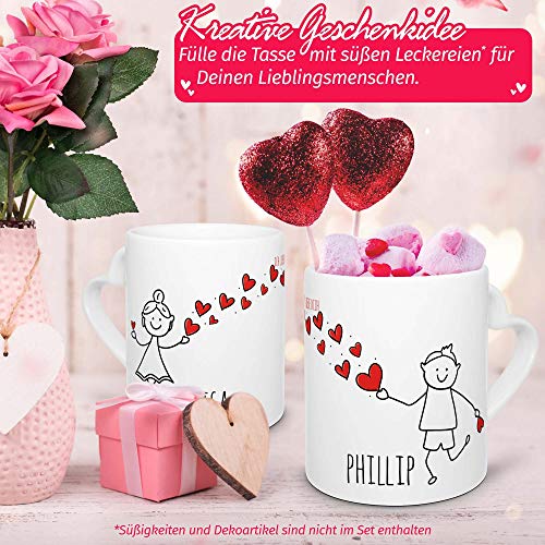 Partner-Tassen mit süßen Strichmännchen - für Frau und Mann - zum selbst Beschriften mit Wunschnamen - 2er Set Kaffeebecher aus Keramik mit Herzhenkel in Weiß, je 300 ml