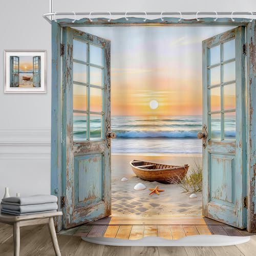 Image of Riyidecor Beach Ocean Shower Curtain 72Wx72H Inch Rustic Blue Seaside Barn Door Sea Sunset Scenery Sandbeach Hawaii Wood Landscape Natural Bathroom Decor Fabric Polyester Waterproof 12 Pack Hooks