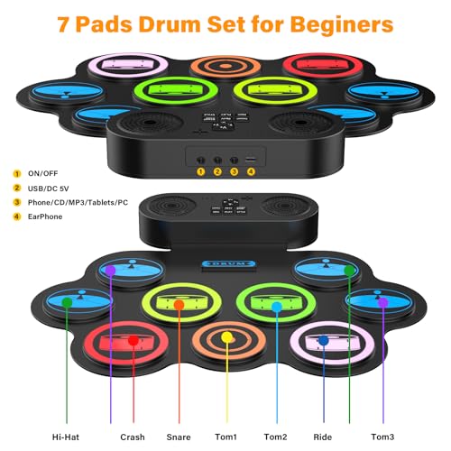 Image of Portable Electronic Drum Pad Set - 9 Pads Roll up Drum Practice Pad with Pedals & Stick, Headphone, Jack in Drum Set Kit for Kids and Adults, Great Holiday Christmas & Birthday Gift