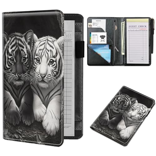NLZQTTBD Server Books for Waitress Cute Waitress Book PU Leather Server Book with Zipper Wallet Black Serving Book Organizer Fit Server Apron,Tiger Cubs