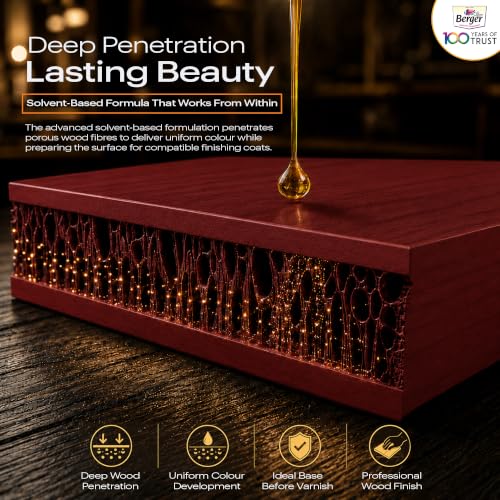 Image of BERGER Wood Keeper Red Brown Wood Stain with Leakproof Bottle & Easy Cloth Application Transparent Solvent-Based Stainer for Home Office Furniture Surfaces Shine and Finish (Pack of 1, 100ML)