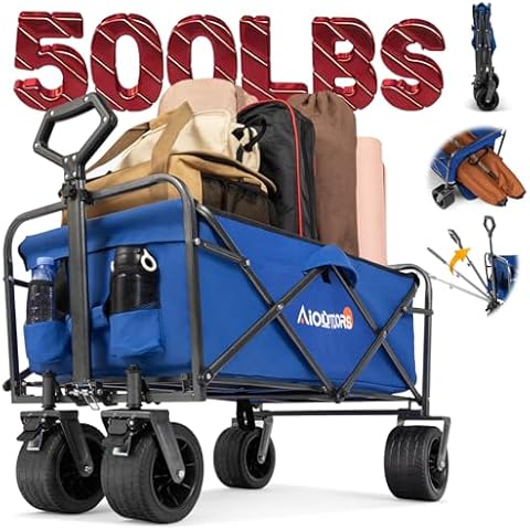 WVX Heavy Duty 500lbs Capacity Collapsible Wagon - Beach Wagon with Big All-Terrain Wheels for Sand - Beach Cart with Rebound Handle & Drink Holders - Utility Wagon Cart for Garden Camping Outdoor Cover