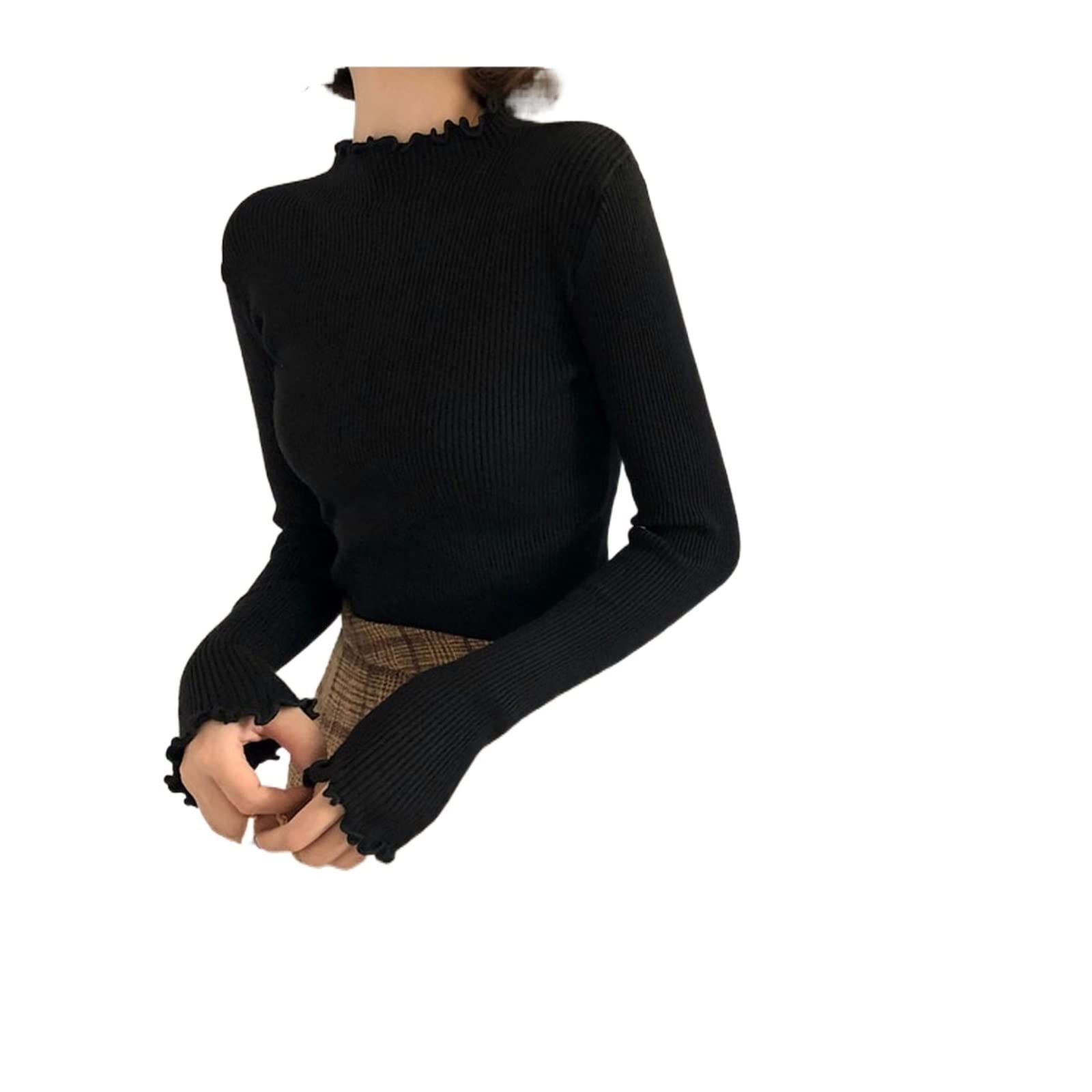 Damskie kardigany Fall Winter Ruffles Sweater Turtleneck Ruched Women Sweaters High Elastic Solid Female Slim Sexy Knitted Pullovers(Schwarz)