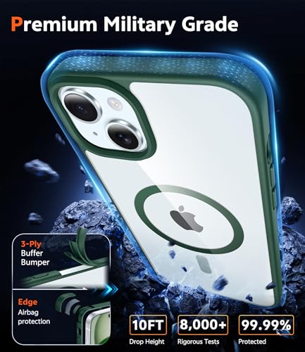 Image of FNTCASE for iPhone 15 Case Clear: iPhone 14 /13 Case Magnetic Phone Cases with Screen Protector Compatible with Magsafe Slim Anti Yellowing Rugged Protective Transparent Cell Cover (B-Alpine Green)