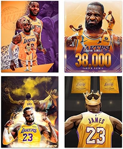 Lebron James Posters Wall Art, King Lebron James Lakers Canvas Art Prints, Motivational Basketball Superstar Posters for Men Cave Boy's Room Decor, Basketball Wall Art, Set of 4 (8"x10" Unframed)
