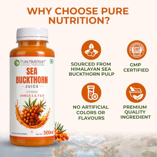 Image of Pure Nutrition Seabuckthorn Juice 500ml | Rich in Omega Fatty Acids (3,6,7 & 9), Vitamins & Antioxidants | Sea buckthorn Supports Immunity, Heart & Digestive Health | Promotes Skin, Cellular Health & Overall Wellness