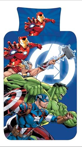 Marvel Avengers Single Duvet Cover Set Reversible Superhero Bedding for Kids Official Marvel Polycotton 52% Cotton 48% Polyester Blue UK Size (Single)