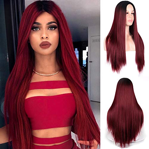 MERISIHAIR Wine Red Long Straight Hair Synthetic Wigs Heat Resistant Party Cosplay Ombre Color for Women
