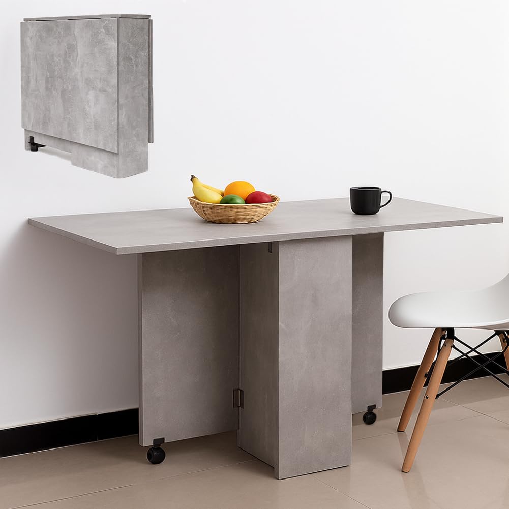 BAKAJI Tavolo da Pranzo Salvaspazio Cemento, Scrivania Pieghevole Richiudibile Allungabile con Libreria 2 Scomparti Ripiani a Scomparsa e Ruote, Design Multiuso Moderno 140 x 75 x 74 cm