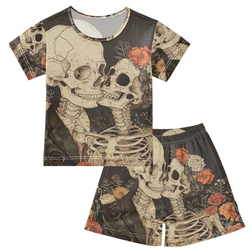 ALAZA Romantic Skeletons and Flowers Pajama Set Short Sleeve Sleepwear Soft Lounge Nightwear