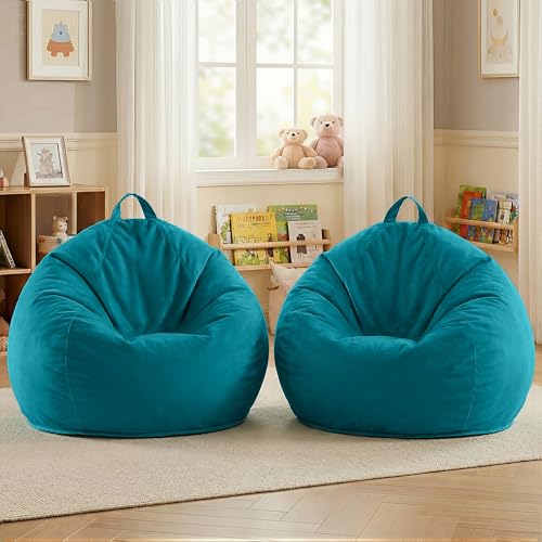 Image of HABUTWAY 2FT Bean Bag Chair 2-Pack, 2' Beanbags Small Bean Bag Chairs with Filling, Teardrop Bean Bag Chair Luxurious Velvet Ultra Soft Fur with Removable Cover(Sea Blue)
