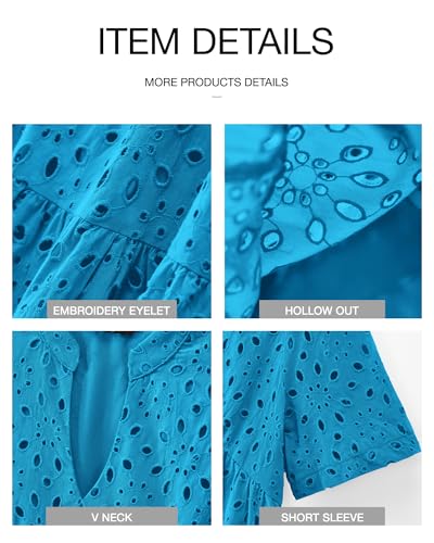 Image of BTFBM Womens Boho Summer Dresses 2026 Spring V Neck Short Sleeve Hollow Out Lace Ruffle Casual Beach Mini Vacation Dress