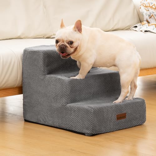 Image of Aodisman Dog Stairs for Small Dogs,Wider 3-Step Pet Steps for Couch & Bed | High-Density Foam Dog Steps with Anti-Slip Bottom,Easy for Puppies,Older Cats & Dogs to Reach Sofas & Chairs,Grey,15.7 inch H
