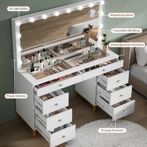 Image of DWVO White Vanity Desk with Mirror: Makeup Table Set with 14 LED Lights & Charging Station Magnifying Mirror, 3 Light Modes, 8 Drawers and Storage Stool