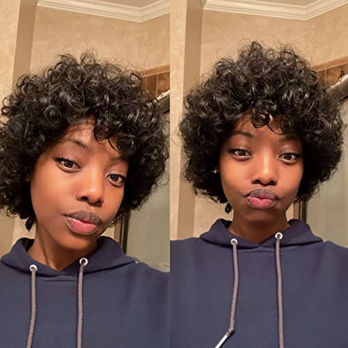 Short Afro Curly Human Hair Wig with Bangs Short Curly Wigs for Black Women Fluffy Bouncy Human Hair Curly Wigs Short Spiral Bouncy Curly Wigs for Daily Party Funmi Curly (10 Inchï¼‰