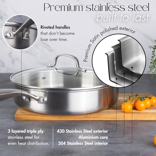 nuovva Stainless Steel Saute Pan with Glass Lid – Induction Hob Non Stick Saucepan – 28cm Frying pan - Image 4