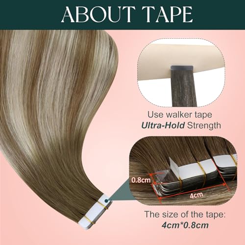 Image of Easyouth Human Hair Extensions Tape in Balayage 20In Tape in Hair Extension Human Hair Dark Brown Ombre Brown Mix Blonde, Blend Seamlessly with Your Own Hair, Soft Hair Extension Tape in 20pcs 50g
