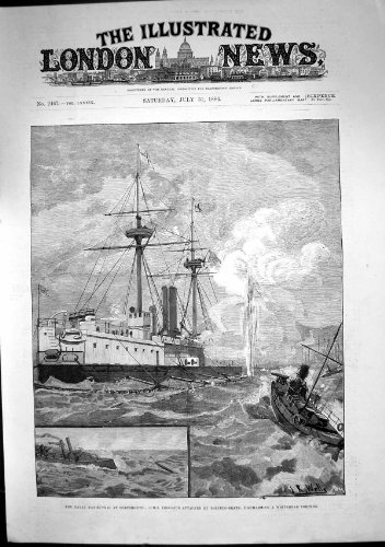 original old antique victorian print Vedettes Lance-torpilles Attaquées par Colosse de Portsmouth Hms Déchargeant 1886