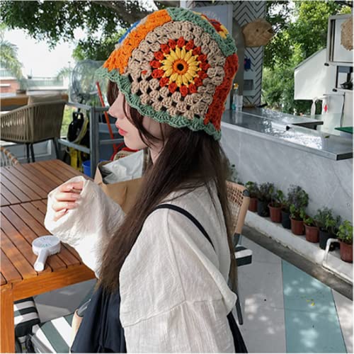 Knitted Bucket Hats For Women Floral Graphic Crochet Embroidery Fishing Hat Hawaii Ribbed Cap (Blue Patchwork, One Size) #TOP2