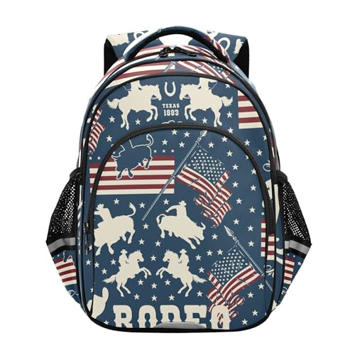 Cowboys Riding Bulls Horse Riders American Usa Flags Backpack for School Study Book Bag Laptop Backpack Work Travel Computer Bags with Reflective Stripes